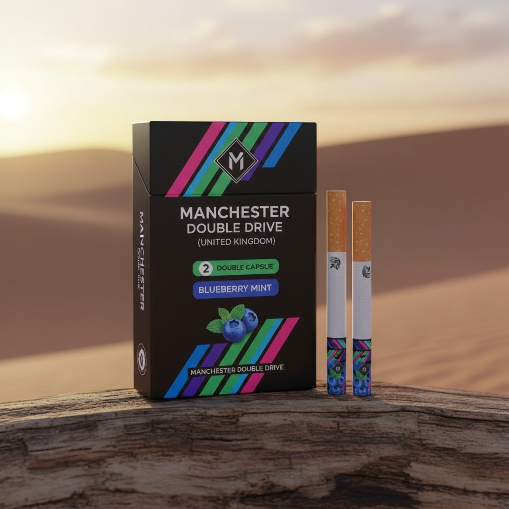 Manchester Double Drive บุหรี่นอก แมนเชสเตอร์ ดับเบิล ไดร์ฟ 2 เม็ดบีบ บลูเบอร์รี่มิ้นต์ imported cigarette wholesale product photo