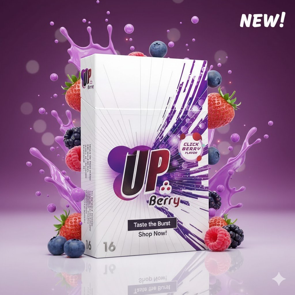 Up Click Berry - บุหรี่หวานเม็ดบีบ กลิ่นเบอร์รี่ (เย็น หอม หวาน ในมวนเดียว) imported cigarette wholesale product photo
