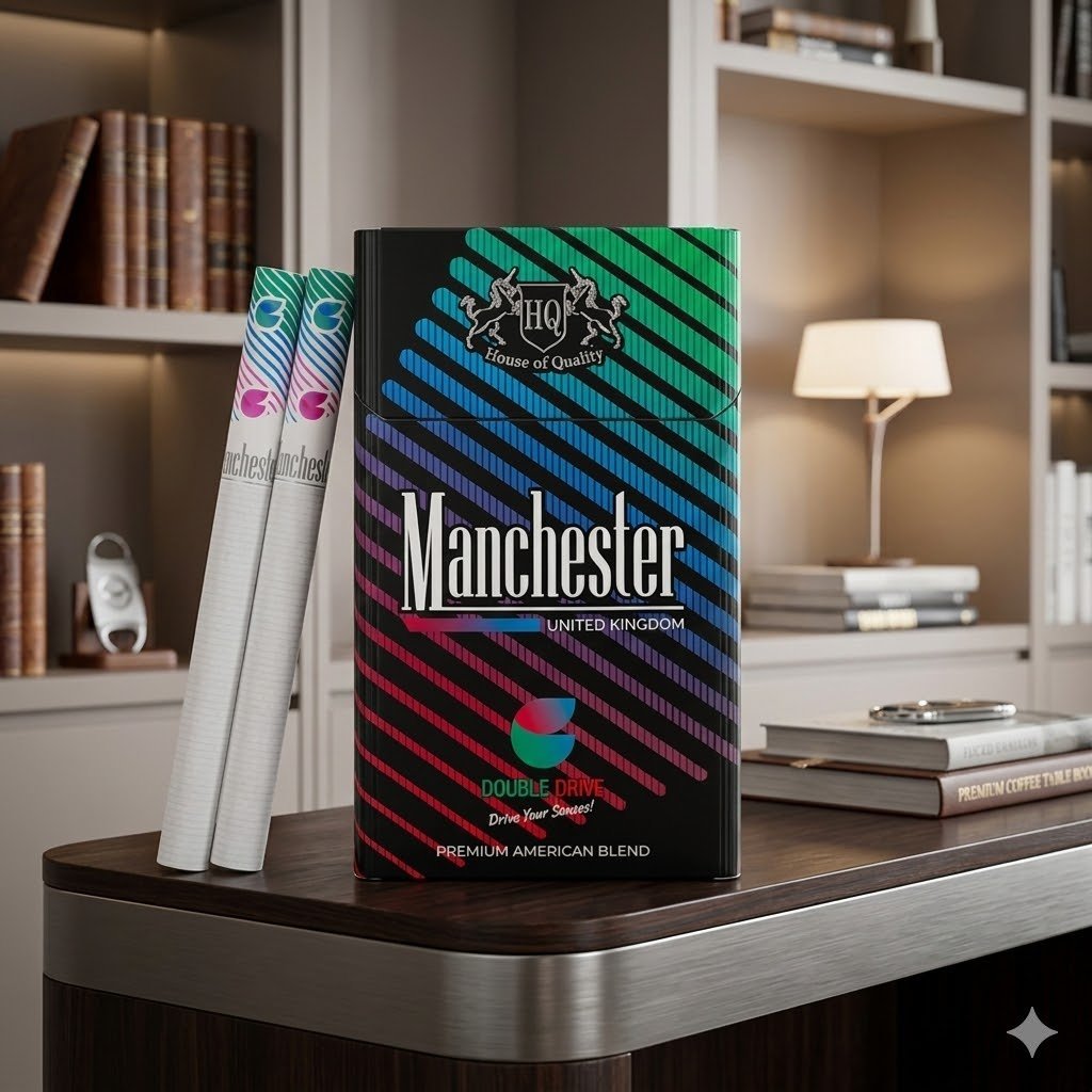 Manchester Double Drive - บุหรี่นอกเม็ดบีบคู่ บลูเบอร์รี่และมิ้นต์ (Premium England Blend) imported cigarette wholesale product photo